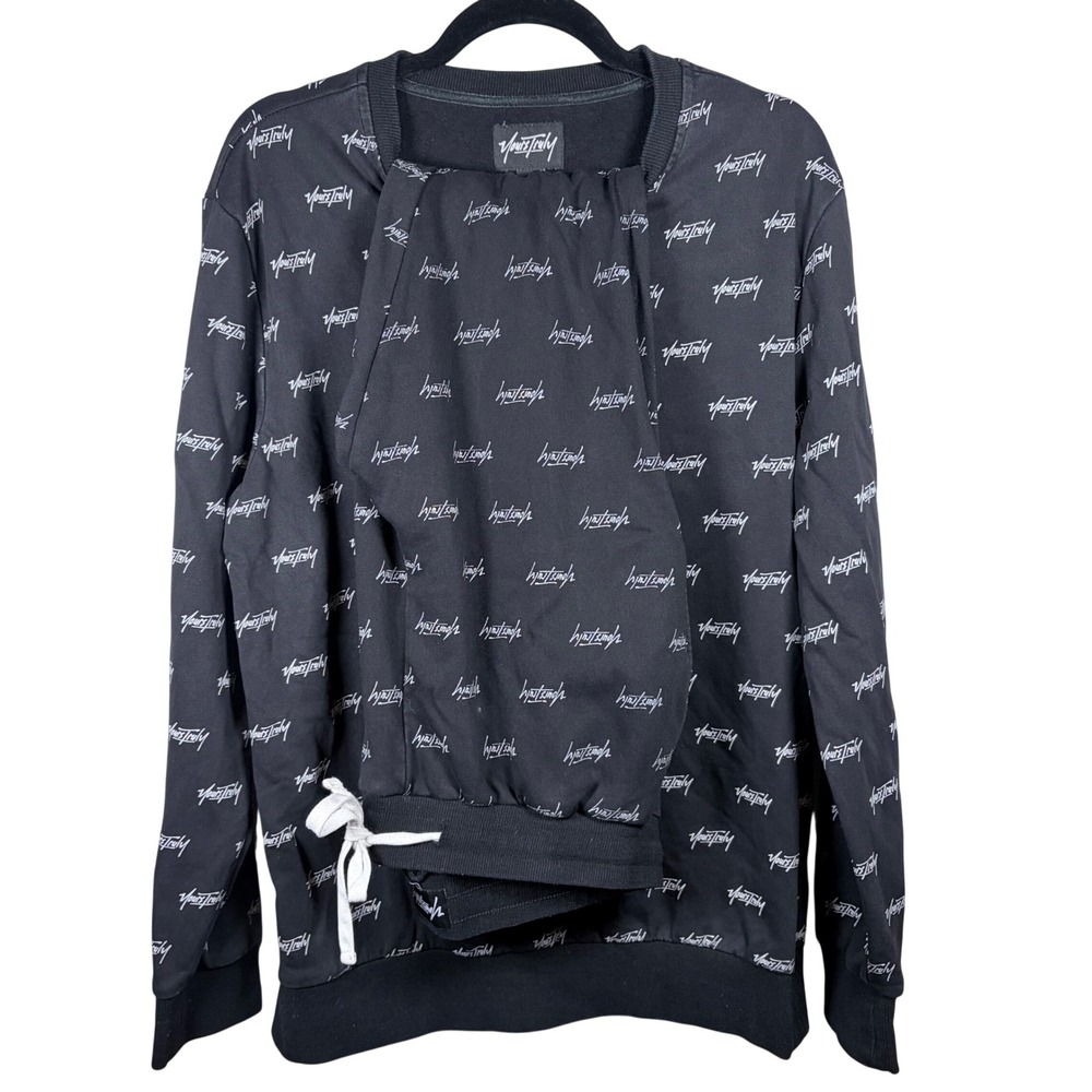 Yours Truly Mens Black All Over Script Logo Tracksuit Sweatshirt Joggers‎ Set L